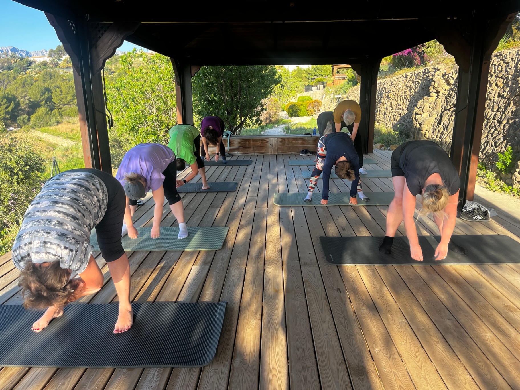 Group yoga practice in pavilion